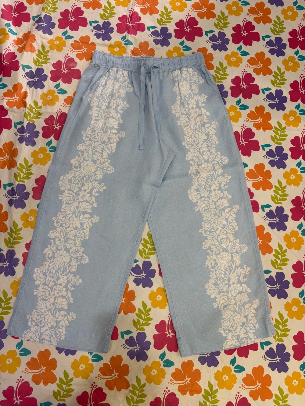 Joie Light Blue Linen Pants with White Floral Print